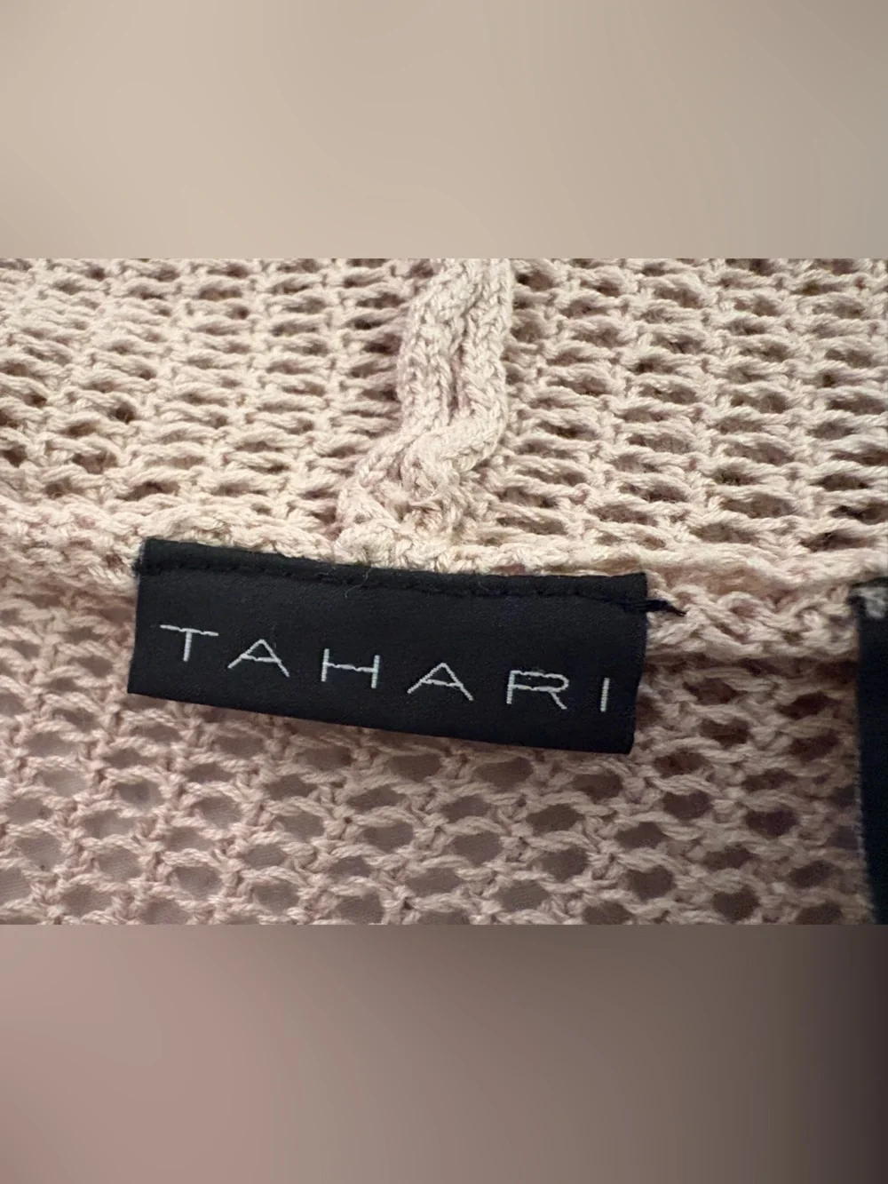 Tahari Beige Open Knit Hooded Sweater Dress L Crochet Beach Cover Up Resort Boho